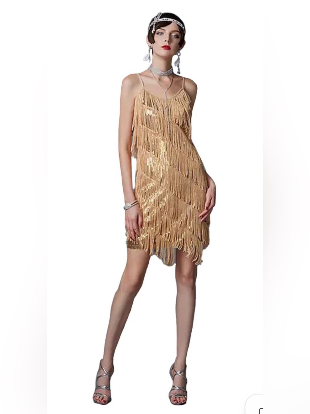 1920s-Style Anna-Kaci California Fringe Sequin Slip Dress - Gold